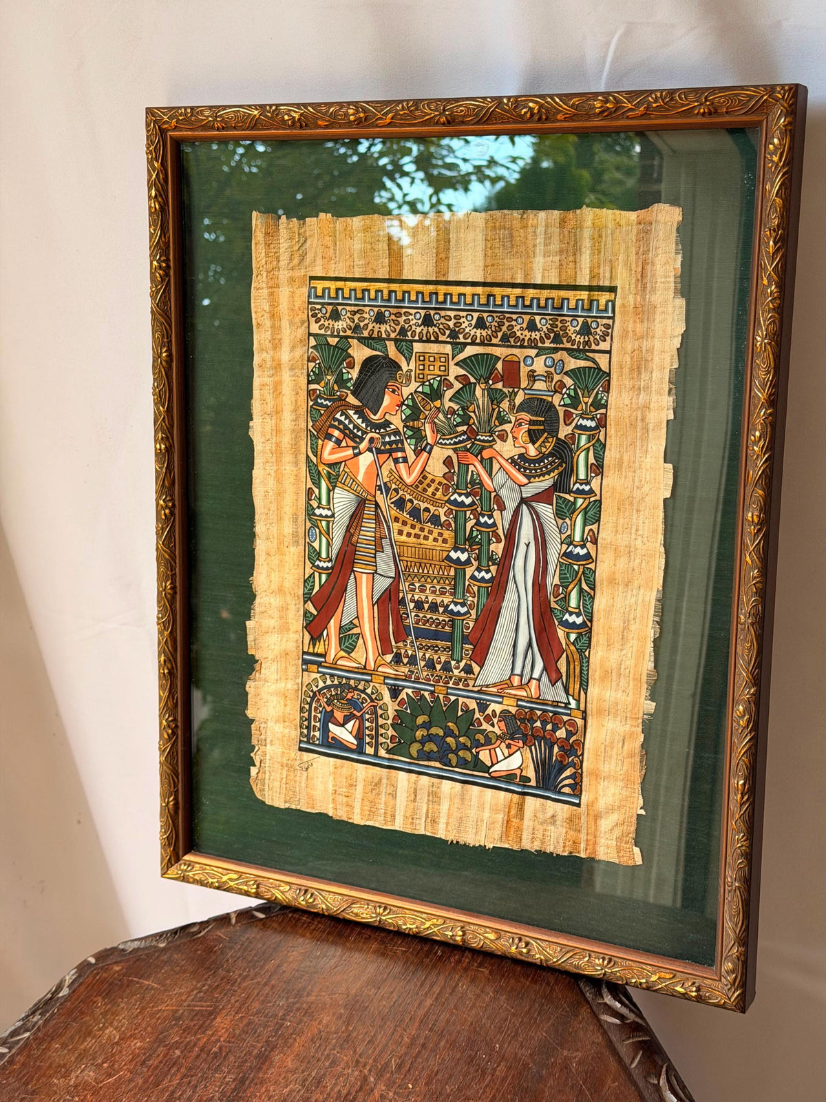 Framed Hand Painted Papyrus Painting Royal Garden Egyptian Revival Signed