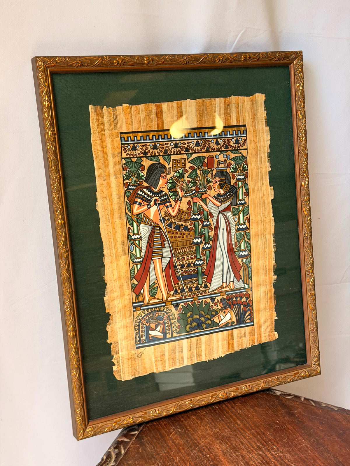 Framed Hand Painted Papyrus Painting Royal Garden Egyptian Revival Signed