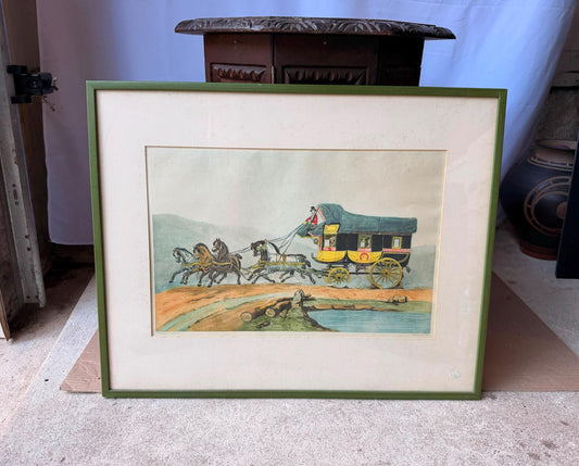 Vintage French Equestrian Etching Horse Drawn Carriage Stagecoach Framed Art