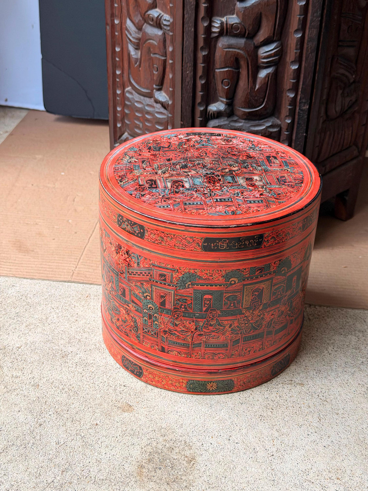 Vintage Southeast Asian Lacquerware Stacking Box Incised Narrative Vessel 9"x8"