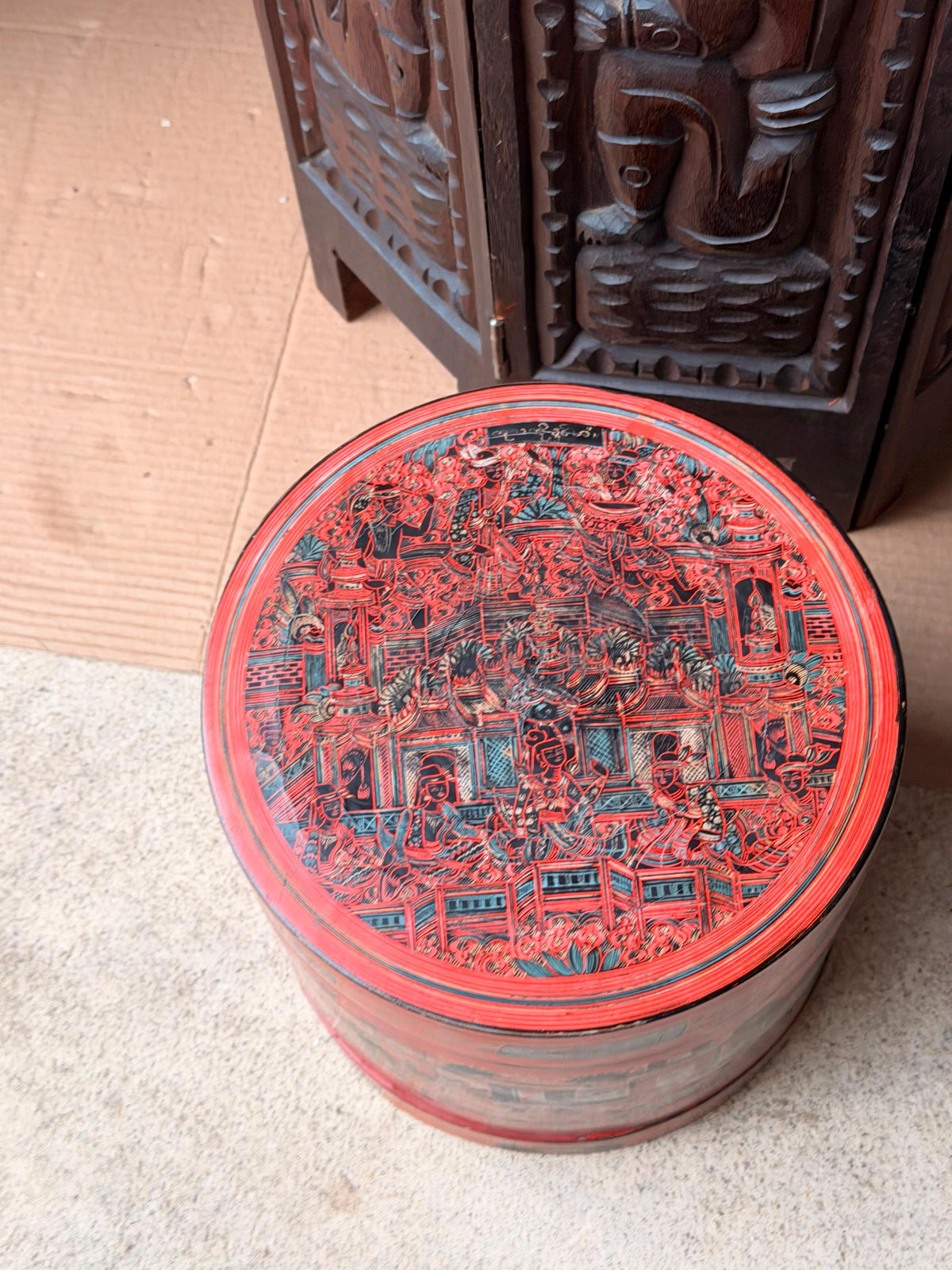 Vintage Southeast Asian Lacquerware Stacking Box Incised Narrative Vessel 9"x8"