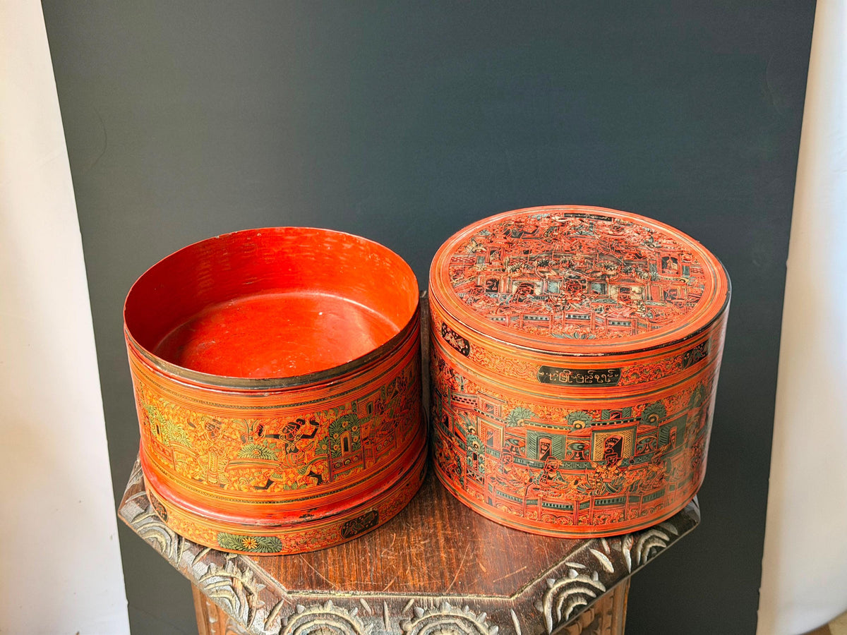 Vintage Southeast Asian Lacquerware Stacking Box Incised Narrative Vessel 9"x8"
