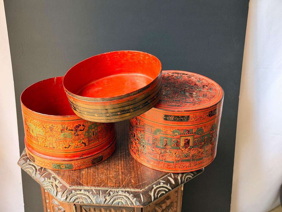 Vintage Southeast Asian Lacquerware Stacking Box Incised Narrative Vessel 9"x8"