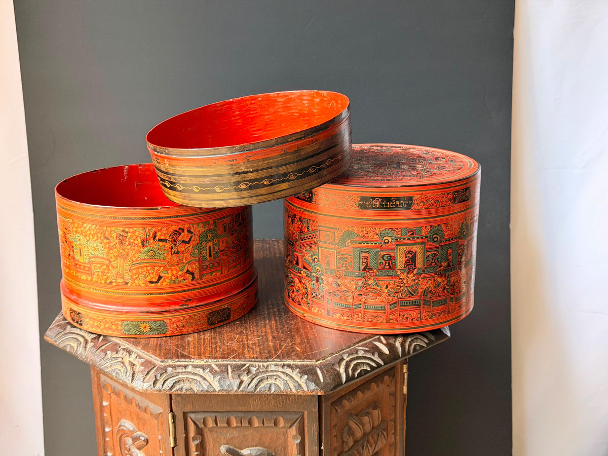 Vintage Southeast Asian Lacquerware Stacking Box Incised Narrative Vessel 9"x8"
