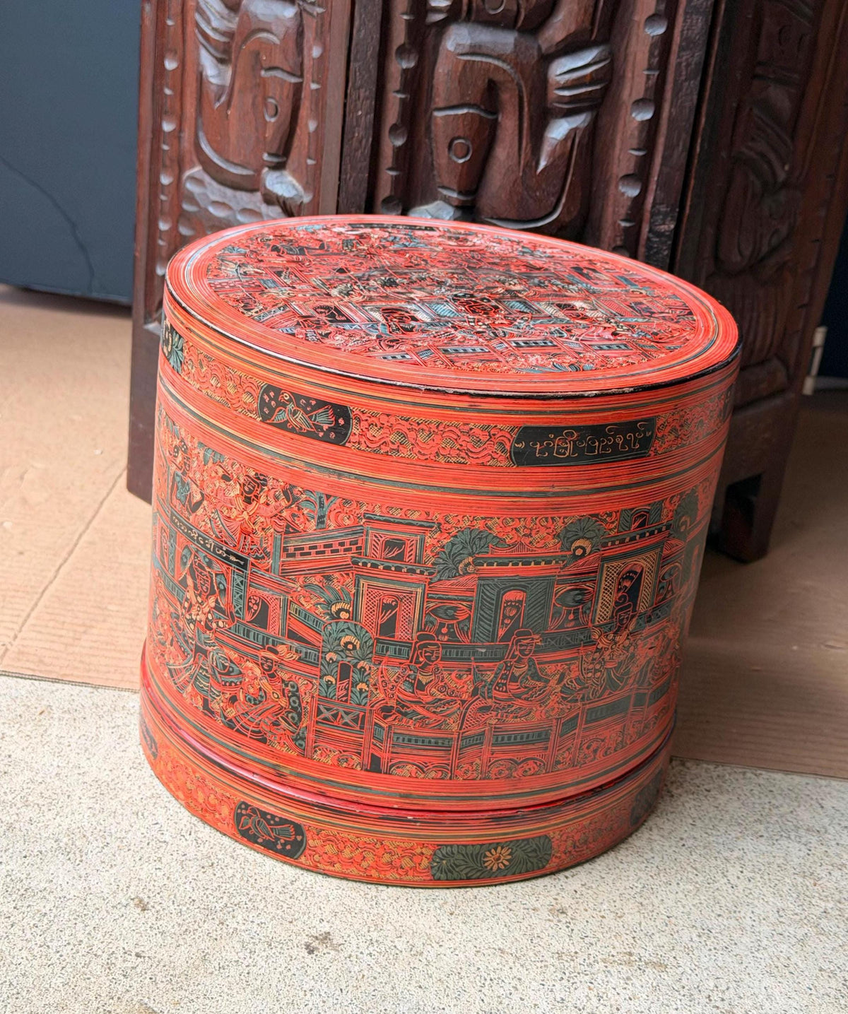 Vintage Southeast Asian Lacquerware Stacking Box Incised Narrative Vessel 9"x8"