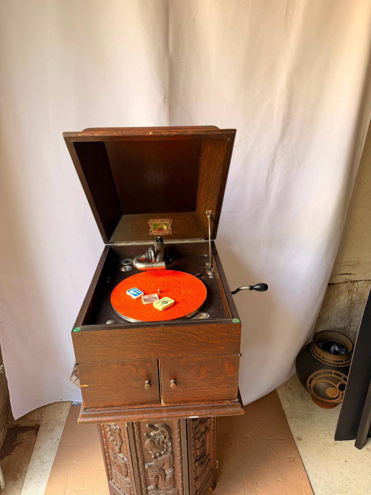 Antique HMV His Masters Voice Oak Gramophone Wind Up Tabletop Phonograph Player