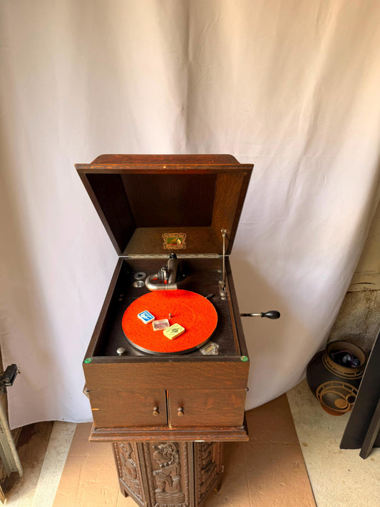Antique HMV His Masters Voice Oak Gramophone Wind Up Tabletop Phonograph Player