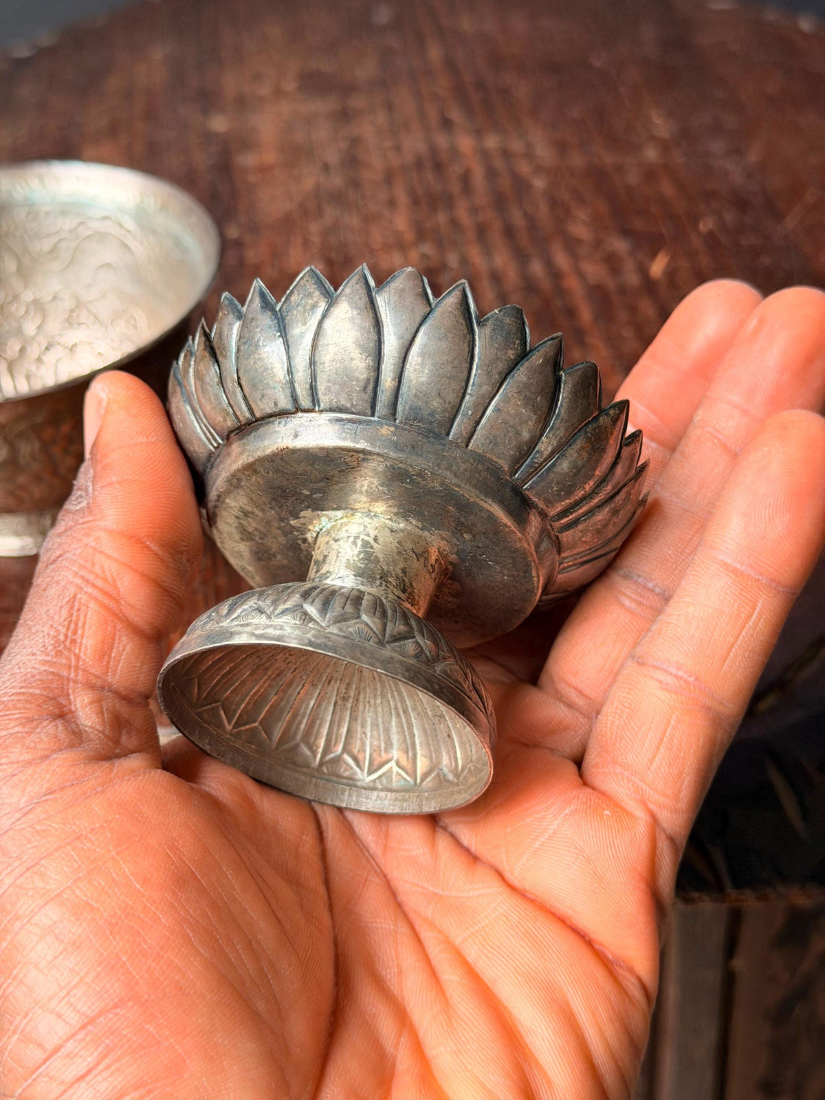 Vintage Himalayan Silver Alloy Dragon Repousse Offering Bowl Lotus Pedestal Set