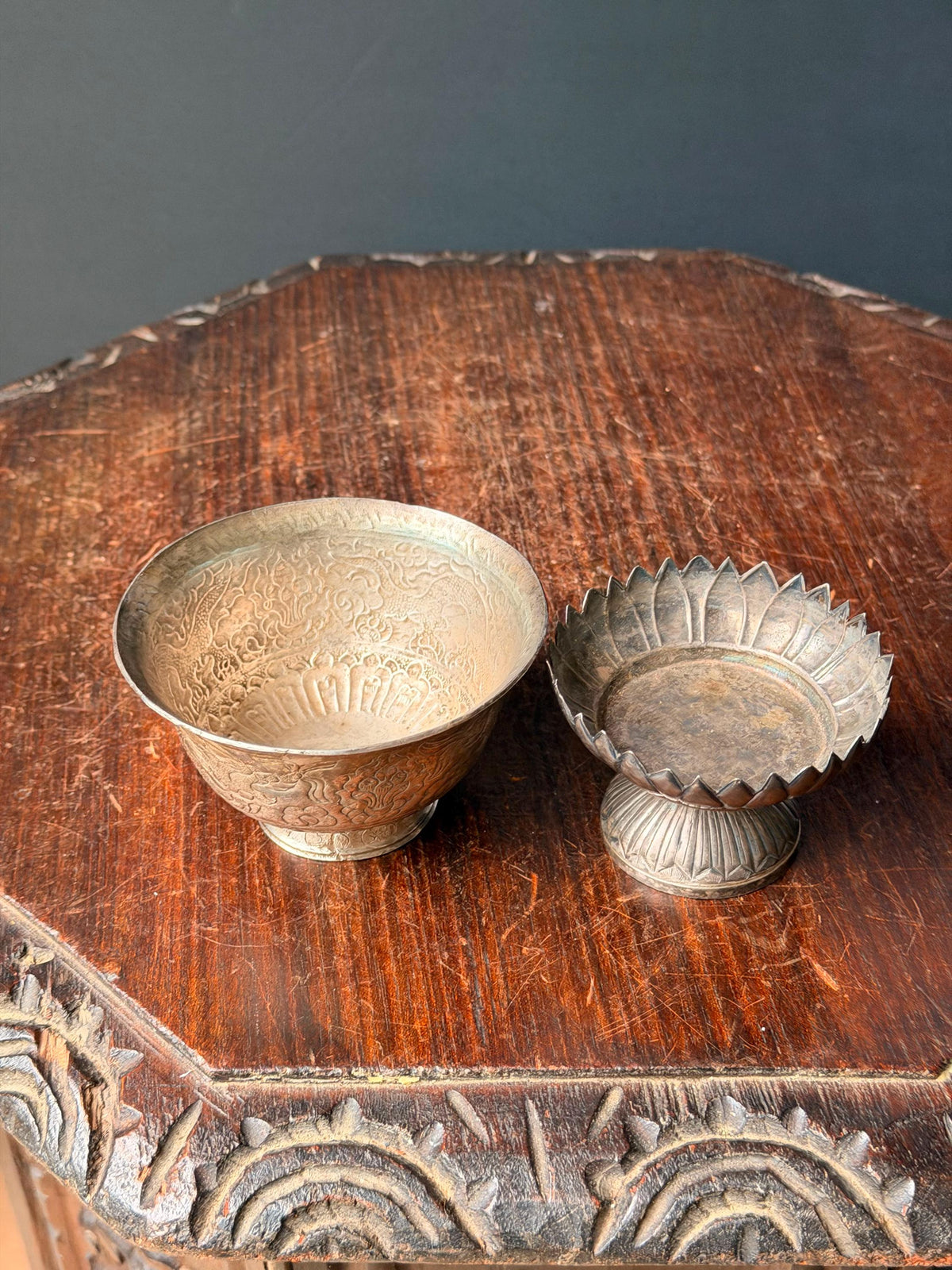 Vintage Himalayan Silver Alloy Dragon Repousse Offering Bowl Lotus Pedestal Set