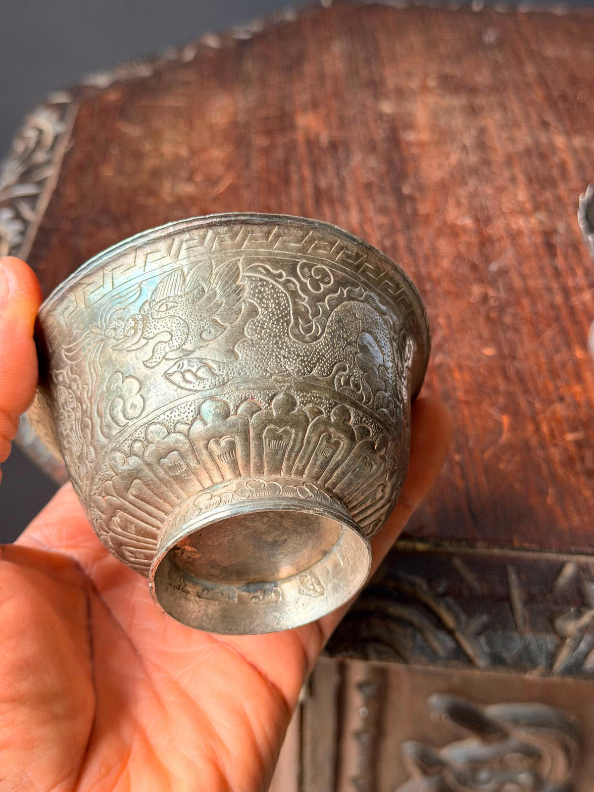 Vintage Himalayan Silver Alloy Dragon Repousse Offering Bowl Lotus Pedestal Set