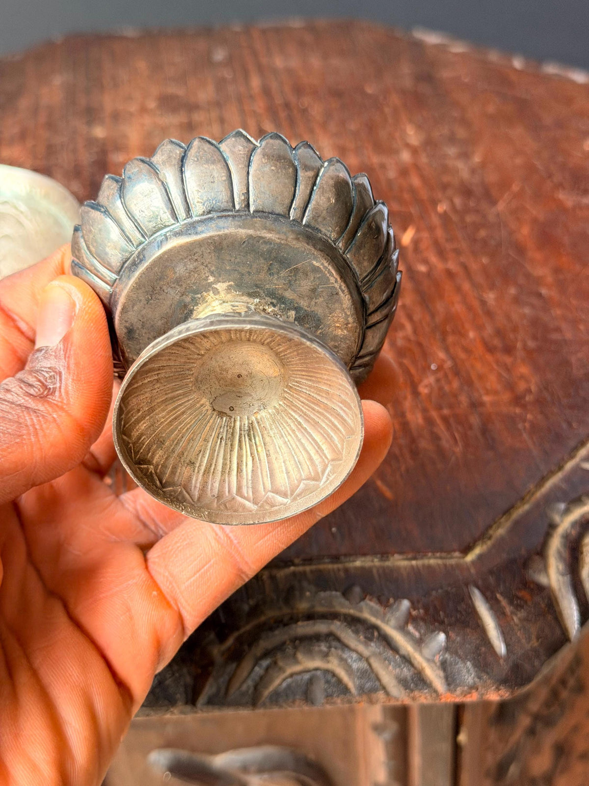 Vintage Himalayan Silver Alloy Dragon Repousse Offering Bowl Lotus Pedestal Set