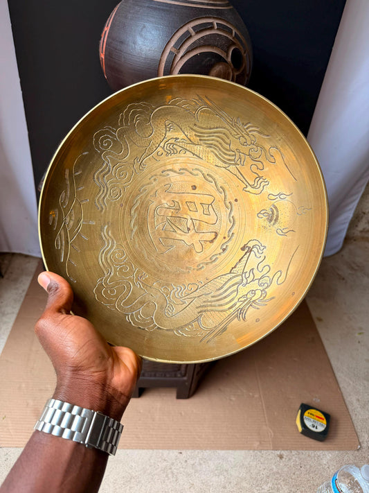 Vintage Asian Brass Dragon Engraved Charger Plate Shallow Bowl Centerpiece