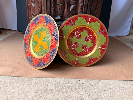 Vintage Brass Enamel Decorative Plates Hand Chased Floral Wall Art Set 9in