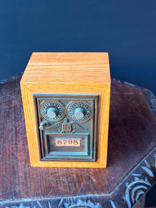 Vintage US Post Office Box Door Cast Bronze Eagle Oak Wood Coin Bank 6 In