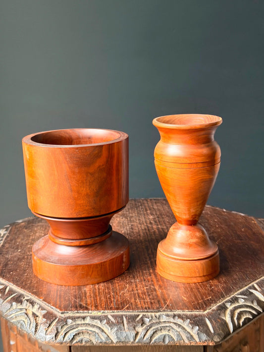 Vintage Mid Century Turned Hardwood Pedestal Vessel Vase Mortar Set