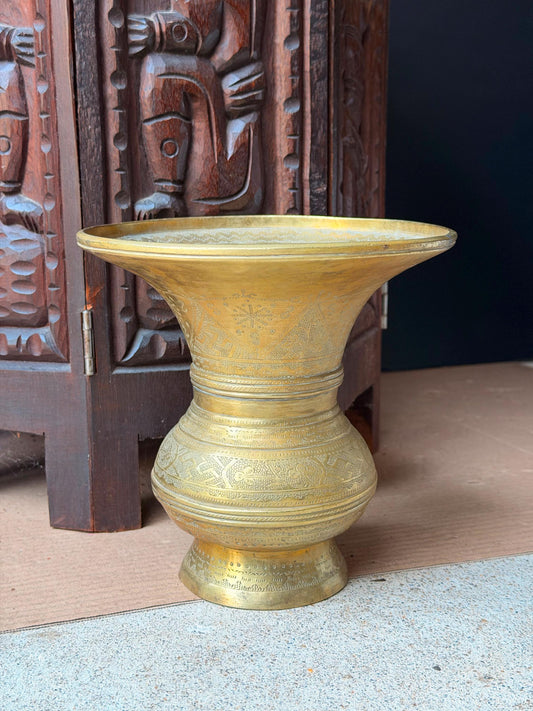 Vintage Brass Flared Vase Wide Rim Etched Silk Road Decorative Vessel 7.5"