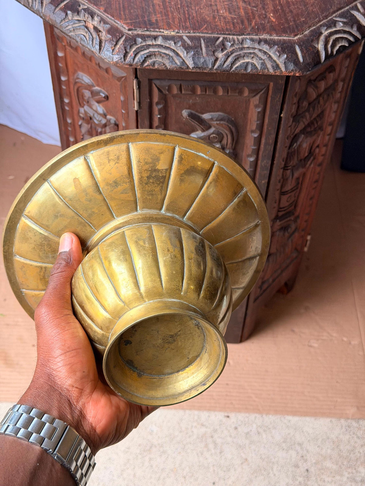 Vintage Brass Flared Bowl Ribbed Pedestal Centerpiece Vessel 9.5x5.8