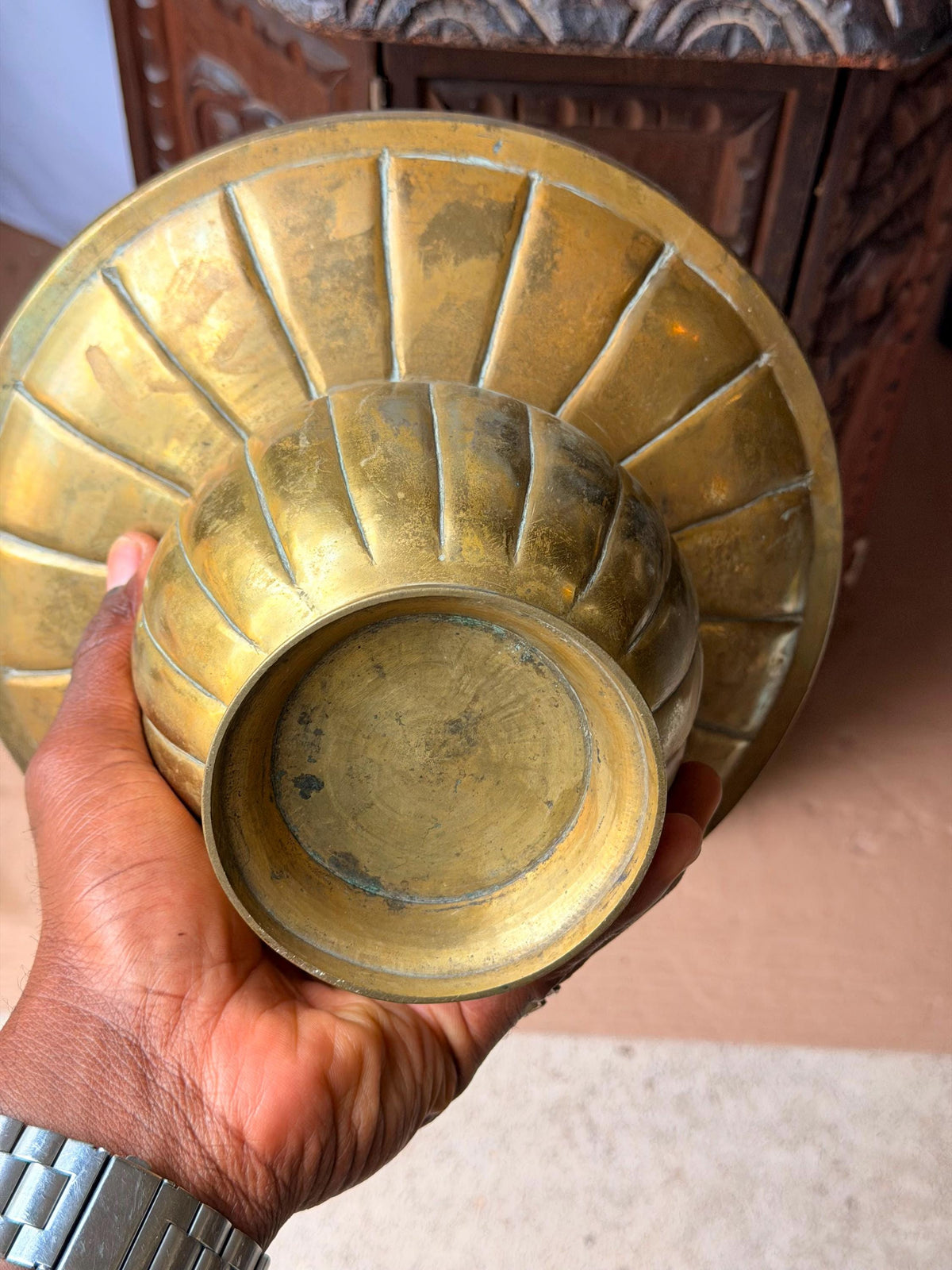 Vintage Brass Flared Bowl Ribbed Pedestal Centerpiece Vessel 9.5x5.8