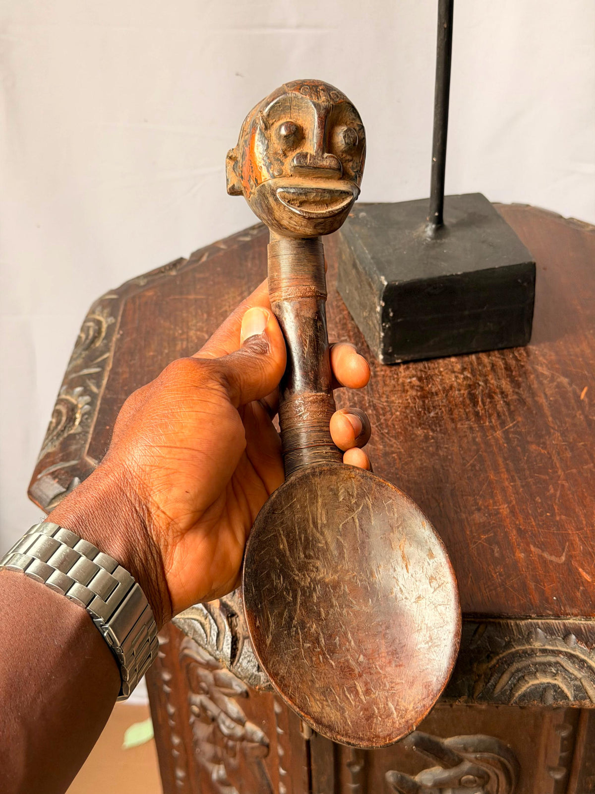Vintage Hand Carved Dan We Style Anthropomorphic Wooden Feast Spoon 11.5"