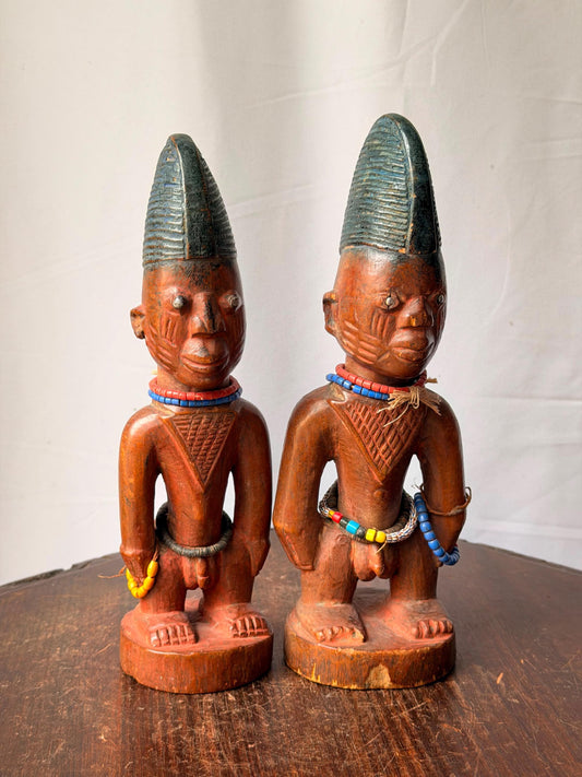 Vintage Pair Male Yoruba Ere Ibeji Twin Figures Carved Wood Beaded Statues 11.5"
