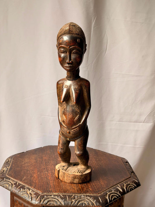 Vintage Baule Hand Carved Wood Female Figure West African Beaded Statue 18.5"
