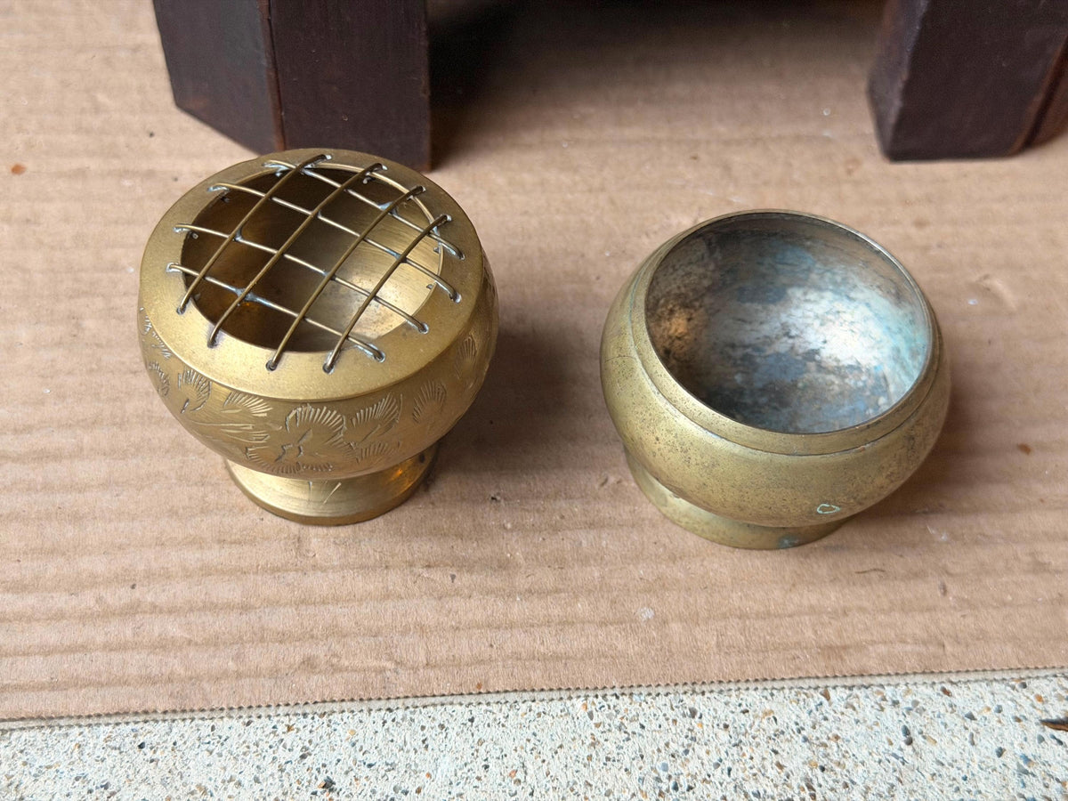 Vintage Brass Miniature Flower Frog Bowl Etched Floral Vessel Pair 2pc Set