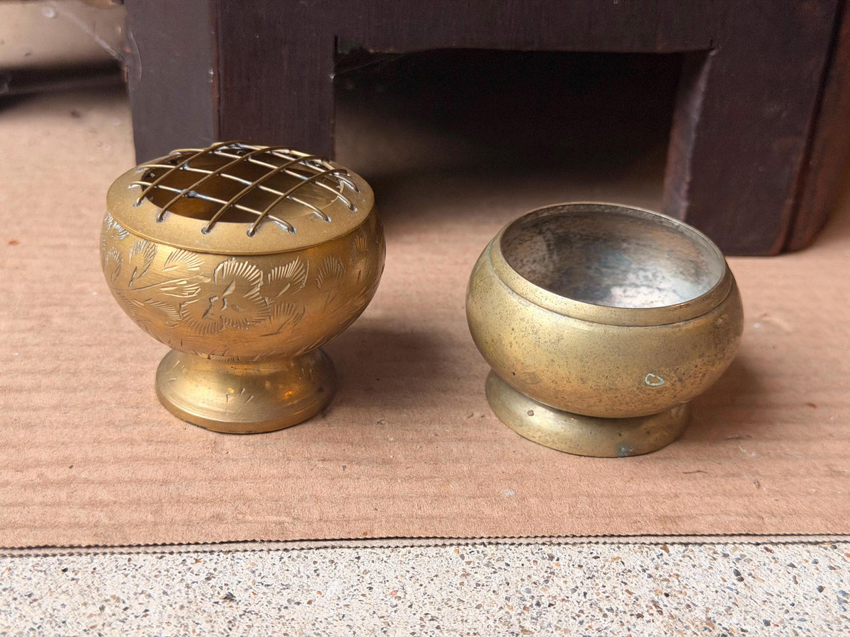 Vintage Brass Miniature Flower Frog Bowl Etched Floral Vessel Pair 2pc Set