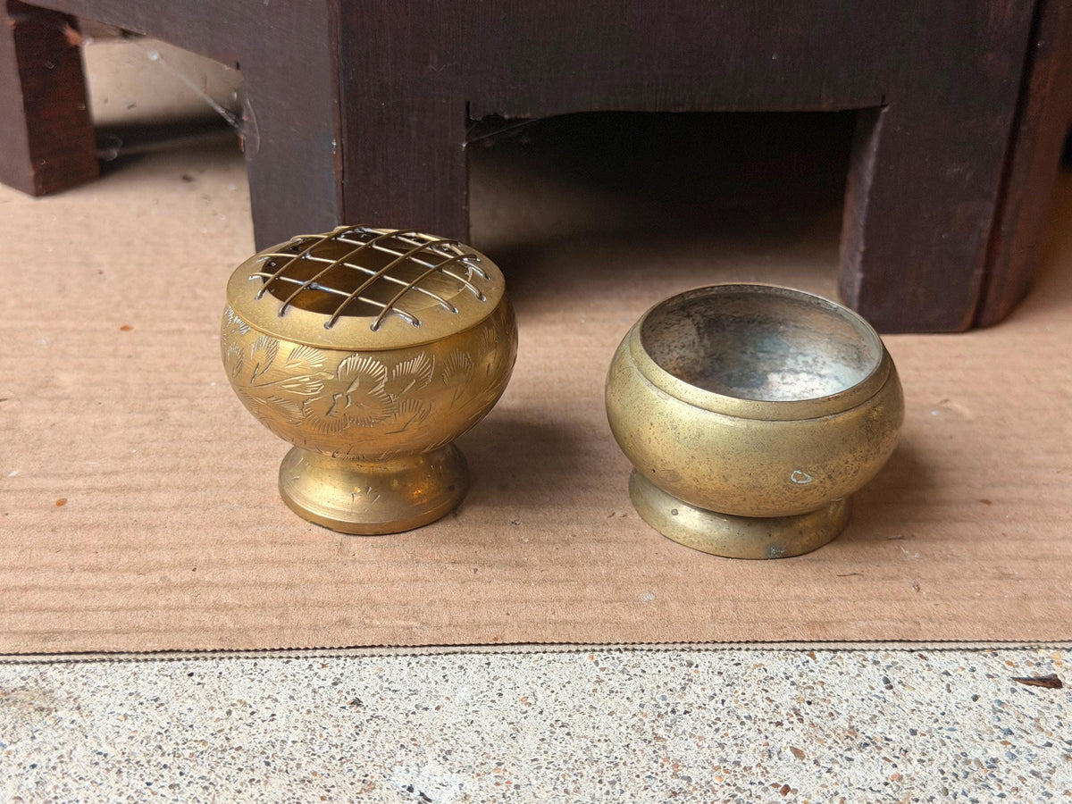 Vintage Brass Miniature Flower Frog Bowl Etched Floral Vessel Pair 2pc Set