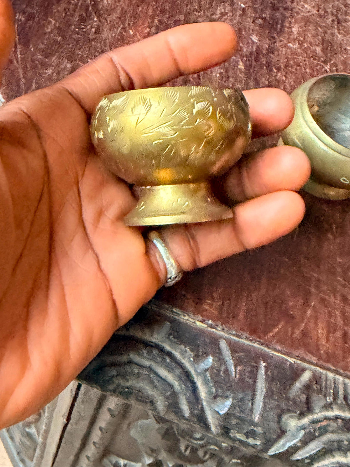 Vintage Brass Miniature Flower Frog Bowl Etched Floral Vessel Pair 2pc Set