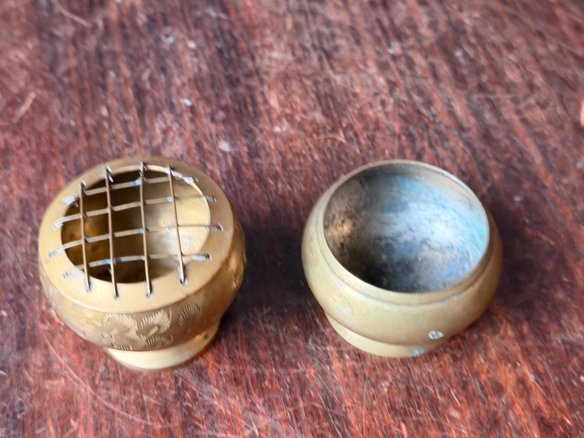 Vintage Brass Miniature Flower Frog Bowl Etched Floral Vessel Pair 2pc Set