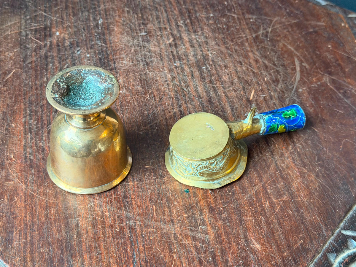 Vintage Brass Cloisonne Handled Dish & Goblet Set Asian Dragon Relief