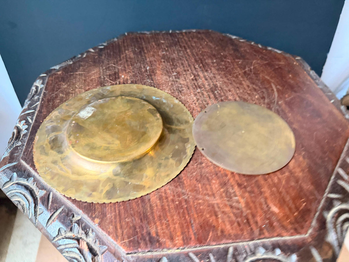 Vintage Etched Brass Plate Polychrome Enamel Wall Plaque Dish Set 2pc