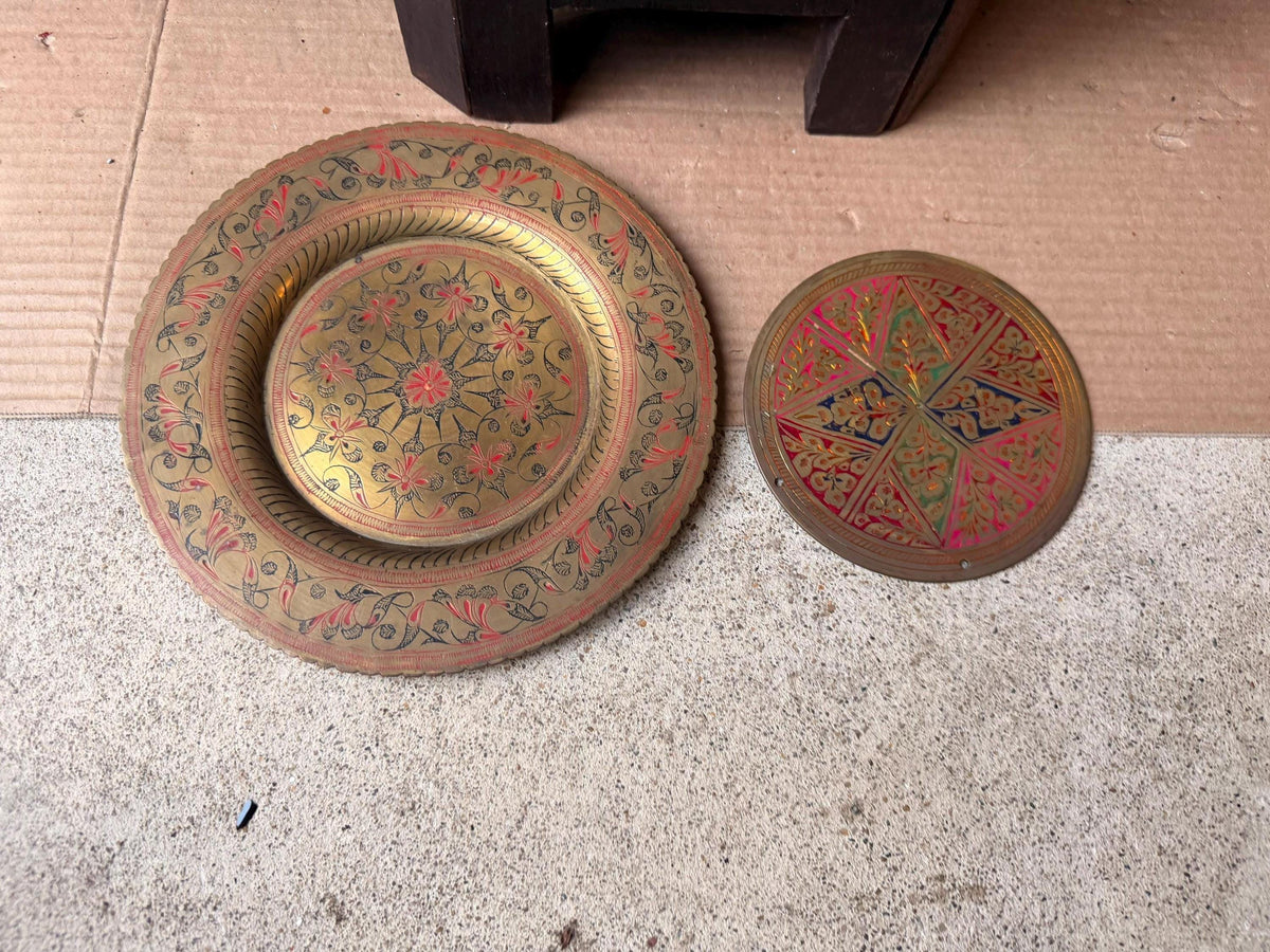 Vintage Etched Brass Plate Polychrome Enamel Wall Plaque Dish Set 2pc