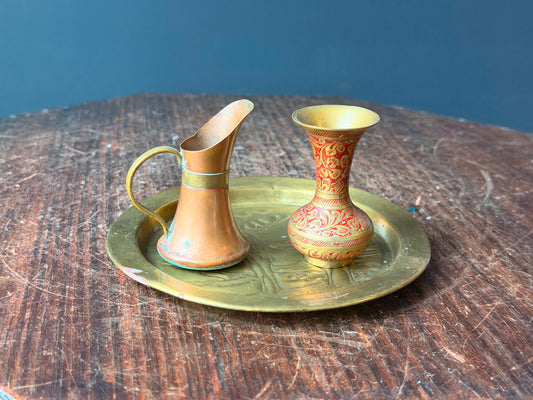 Vintage Brass Stag Tray Copper Pitcher Etched Red Enamel Mini Vase Set