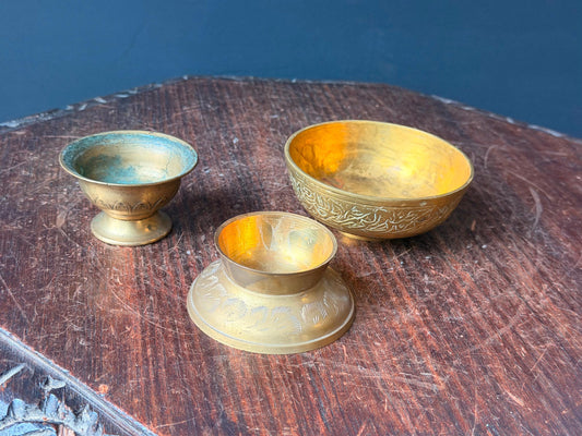 Vintage Brass Bowl Set Hand Etched Pedestal Ritual Vessel Offering Dishes