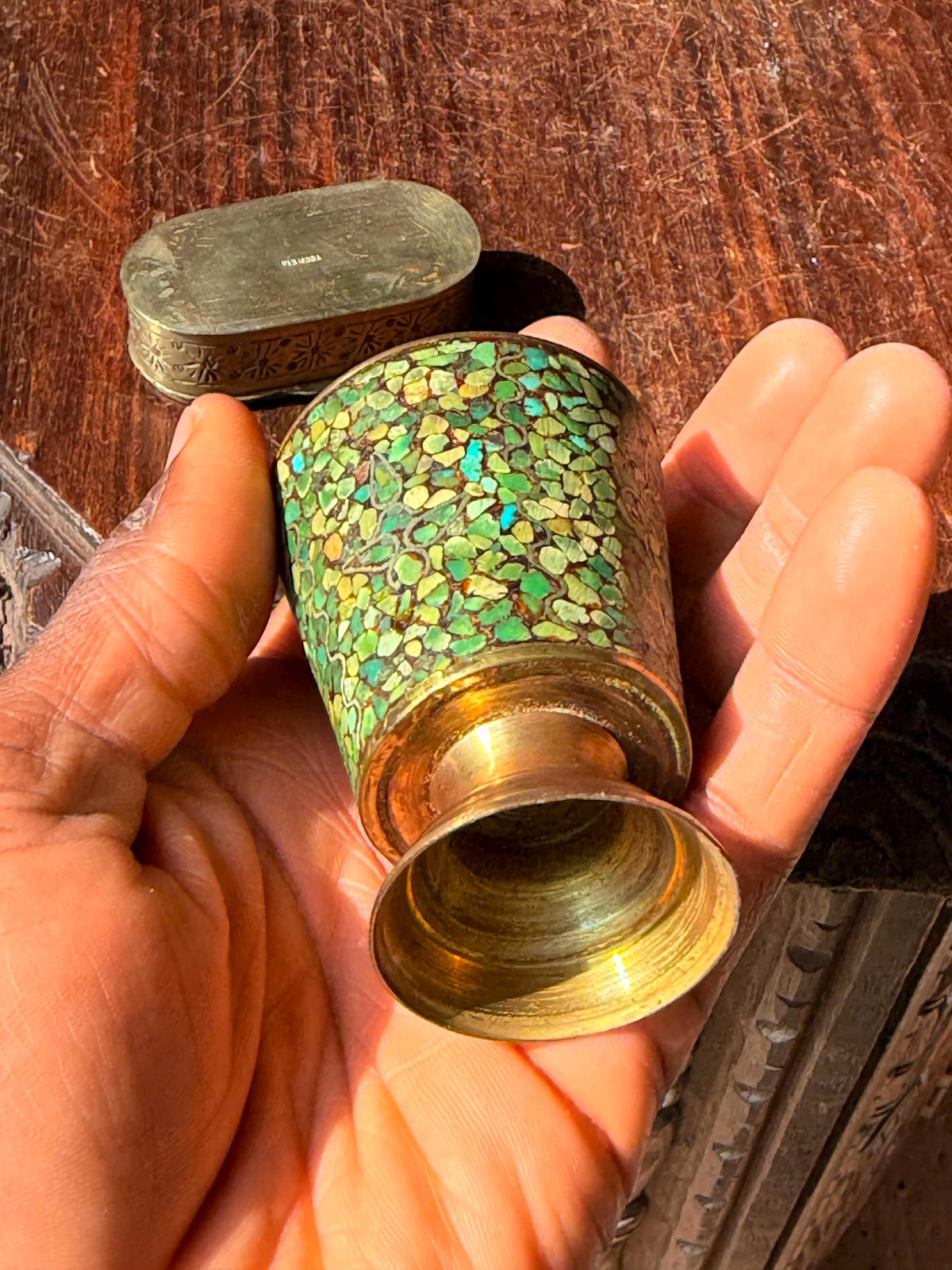 Vintage Brass Turquoise Mosaic Inlay Trinket Box Goblet Set India Folk Art