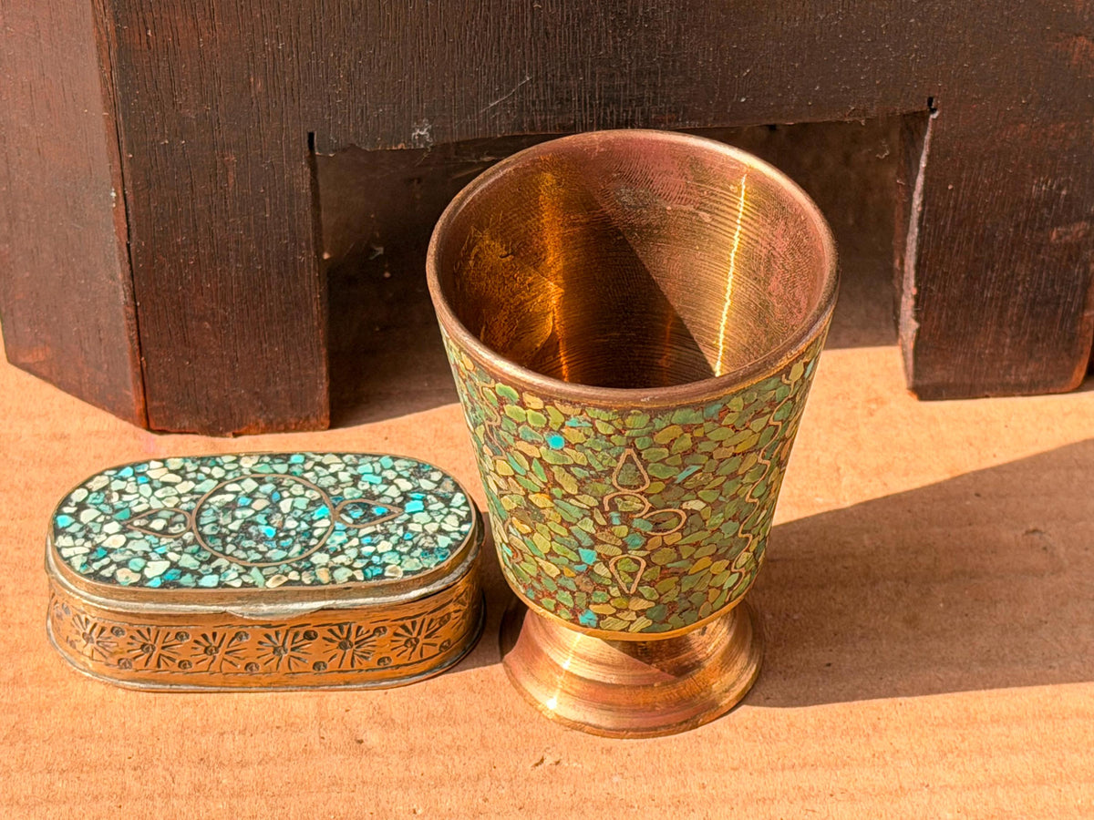 Vintage Brass Turquoise Mosaic Inlay Trinket Box Goblet Set India Folk Art