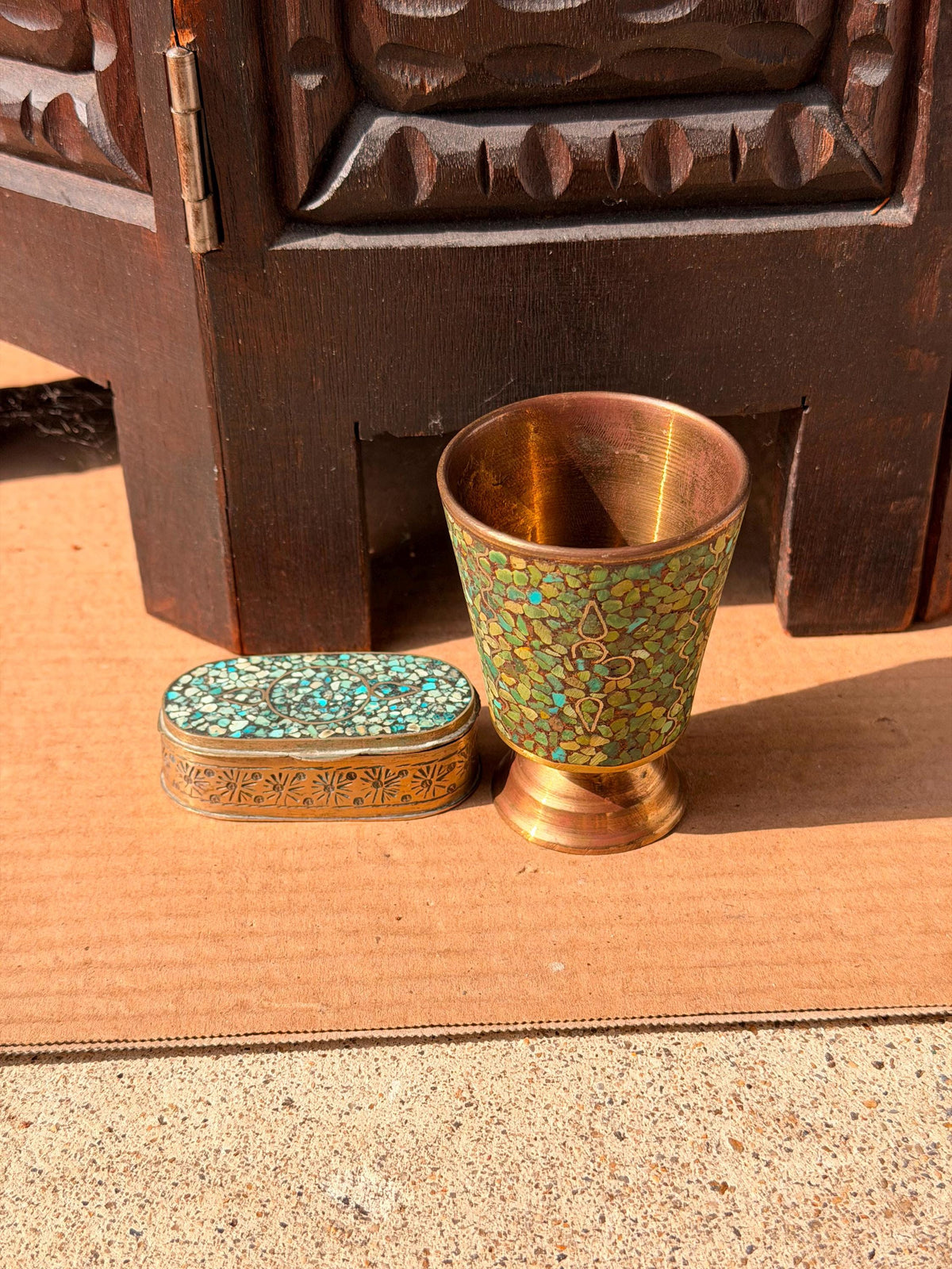 Vintage Brass Turquoise Mosaic Inlay Trinket Box Goblet Set India Folk Art