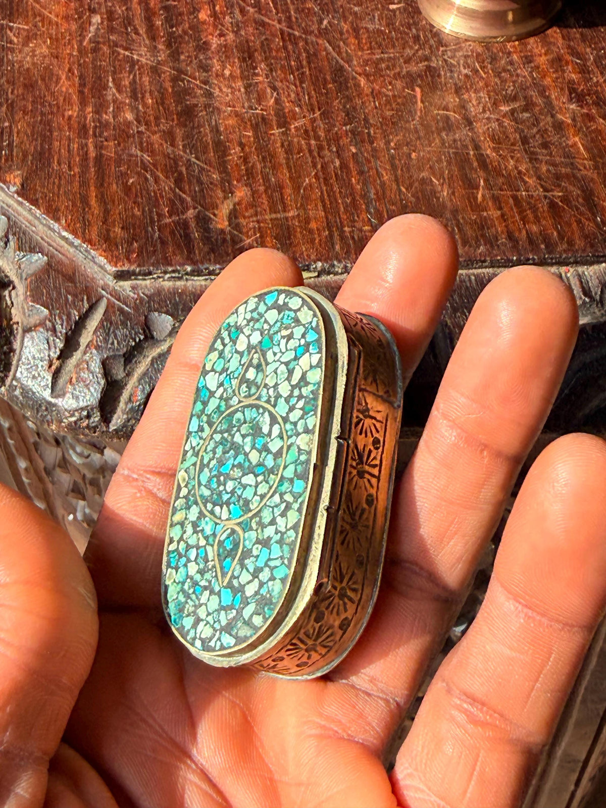 Vintage Brass Turquoise Mosaic Inlay Trinket Box Goblet Set India Folk Art