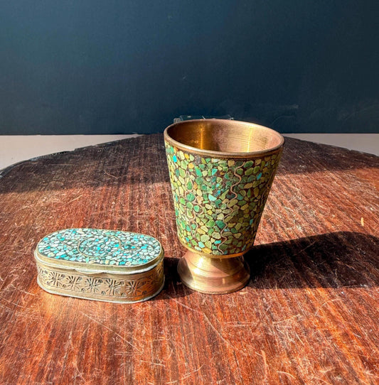 Vintage Brass Turquoise Mosaic Inlay Trinket Box Goblet Set India Folk Art