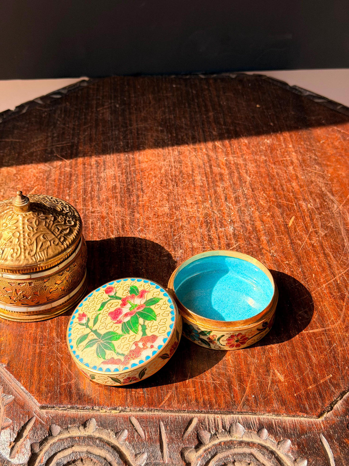 Vintage Brass Mother of Pearl Box & Floral Cloisonne Enamel Trinket Dish Set