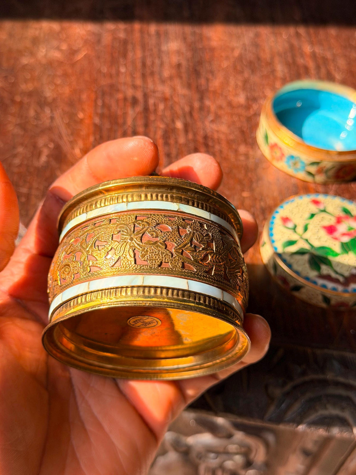 Vintage Brass Mother of Pearl Box & Floral Cloisonne Enamel Trinket Dish Set
