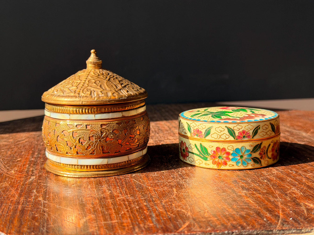 Vintage Brass Mother of Pearl Box & Floral Cloisonne Enamel Trinket Dish Set