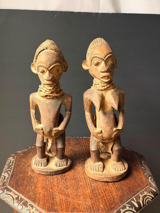 Vintage Bamileke Carved Wood Ancestor Figure Pair Male Female Statues 15"