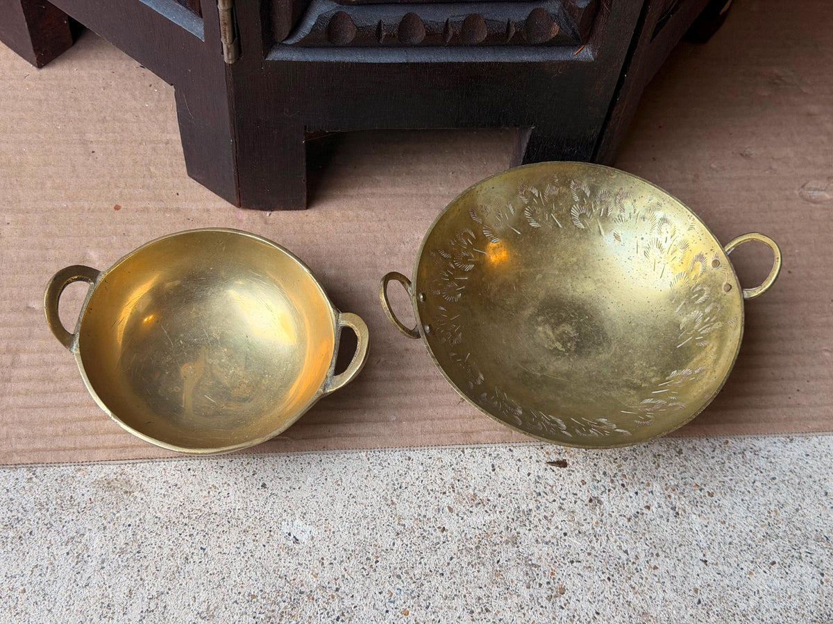 Vintage Brass Handled Bowl Set Hand Etched Mini Karahi Ritual Dishes