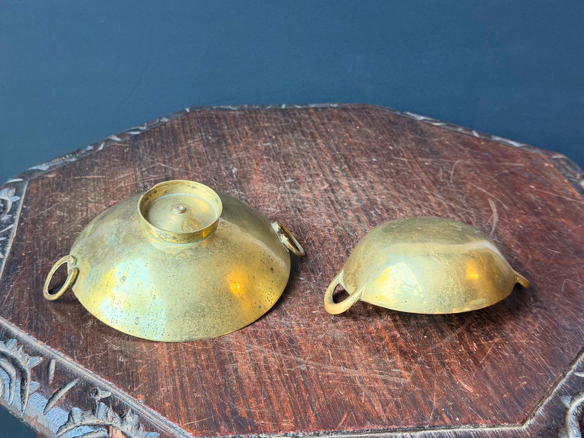 Vintage Brass Handled Bowl Set Hand Etched Mini Karahi Ritual Dishes