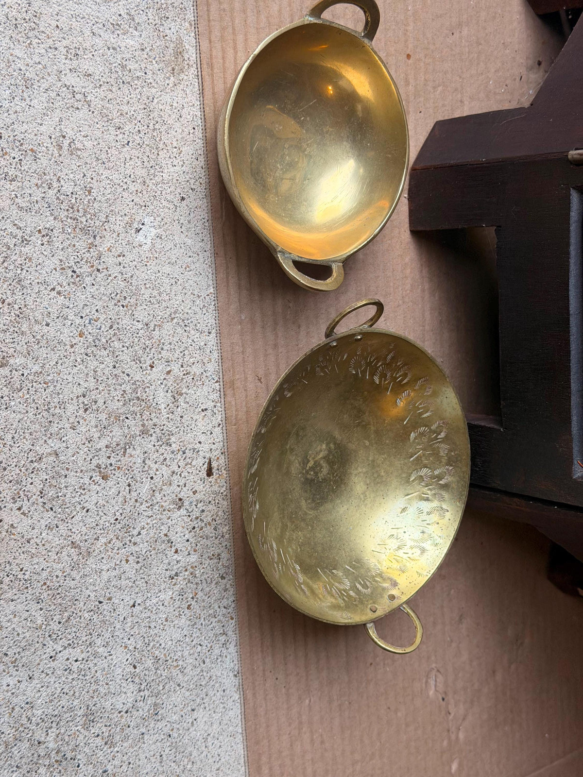 Vintage Brass Handled Bowl Set Hand Etched Mini Karahi Ritual Dishes