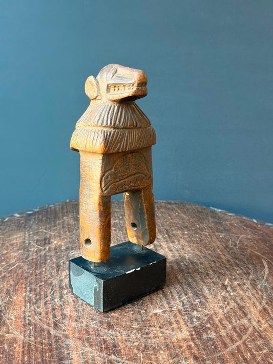 Vintage Baule Carved Wood Loom Pulley Zoomorphic Figurine Mounted 6.8"