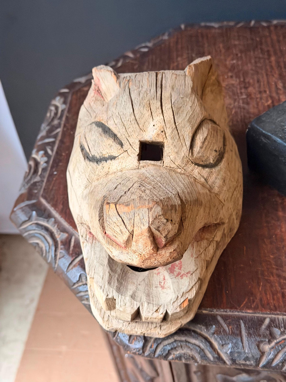 Vintage Hand Carved Wood Animal Mask Sculpture Zoomorphic Folk Art 9.5"