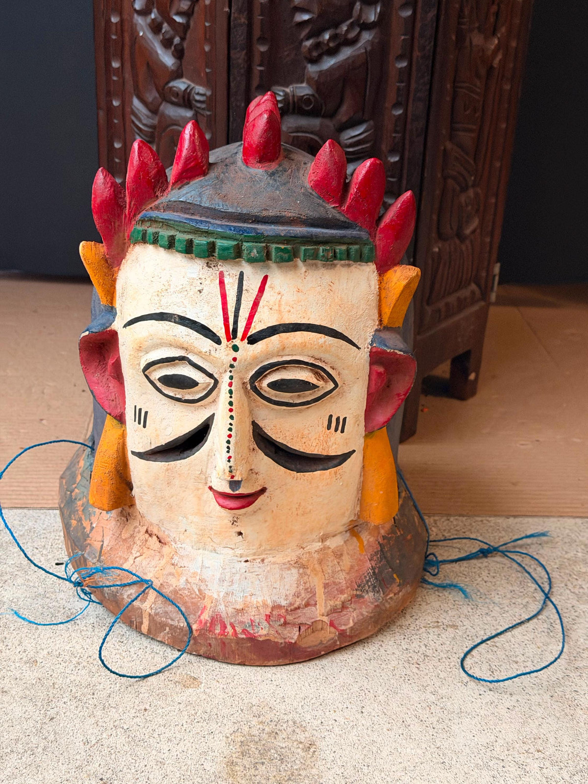 Vintage Igala African Carved Wood Helmet Mask Polychrome Tribal Folk Art